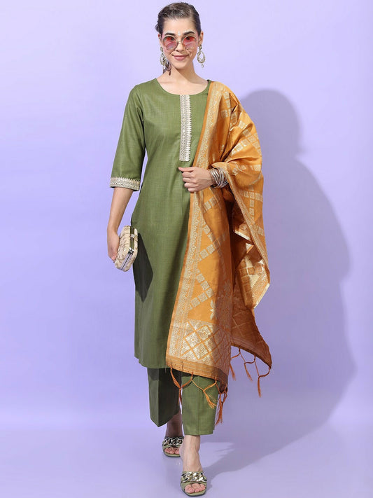 Buy Women Green Solid Kurta Set with Trousers & Dupatta - Stylish Geometric Design | IndiaIsta