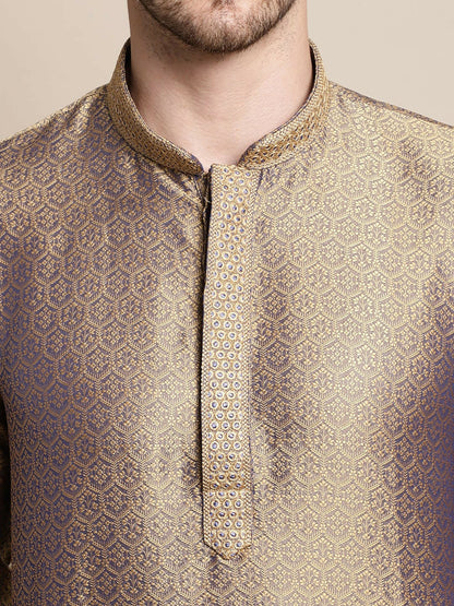 Gold-Toned & White Ethnic Motifs Woven Kurta Set for Men with Pyjamas - Indiaista