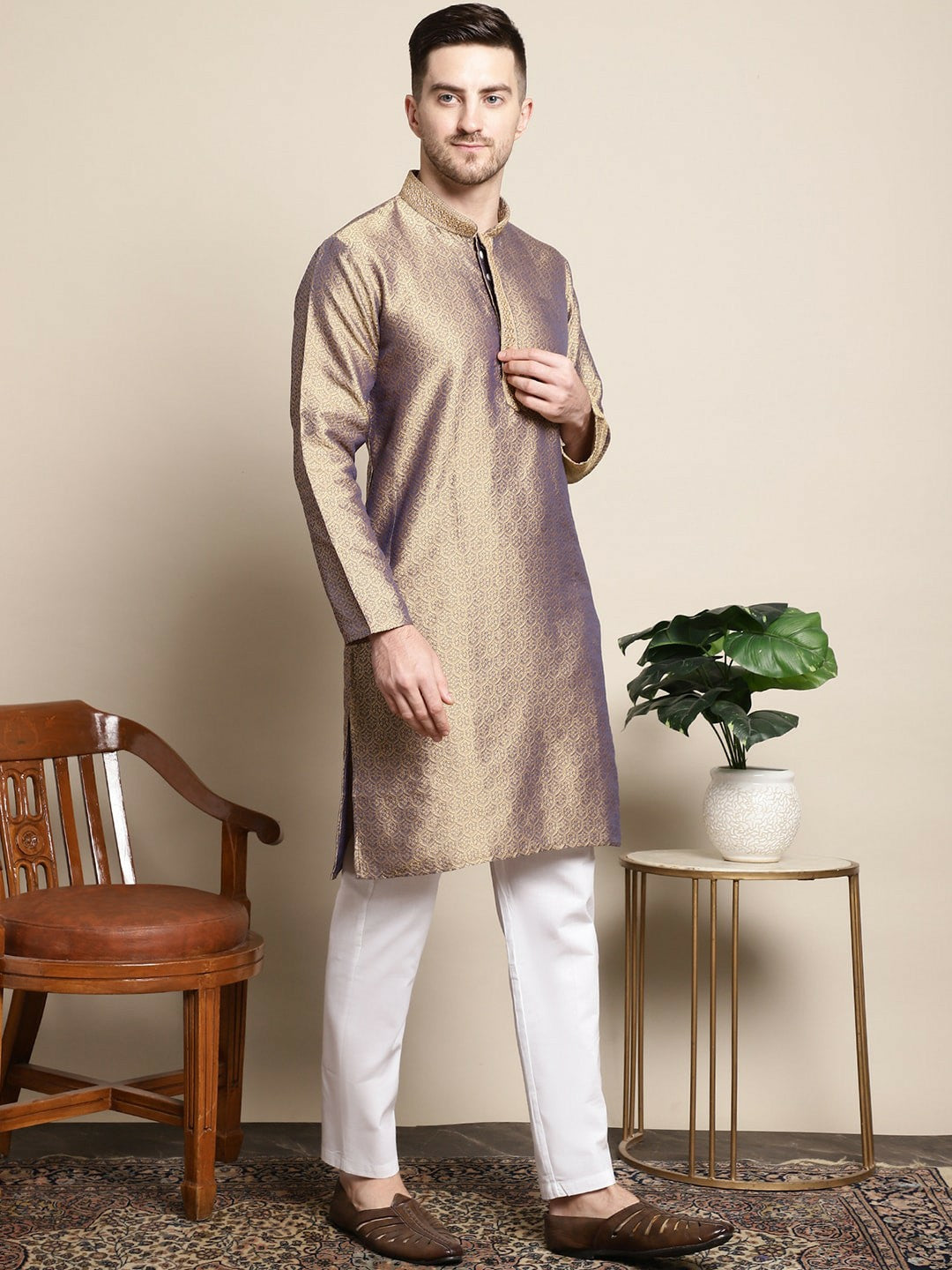 Gold-Toned & White Ethnic Motifs Woven Kurta Set for Men with Pyjamas - Indiaista