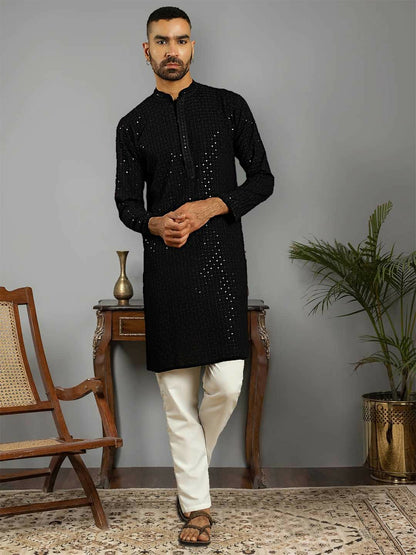 Men's Black Embroidered Sequinned Pure Cotton Kurta with Pyjamas | Indiaista