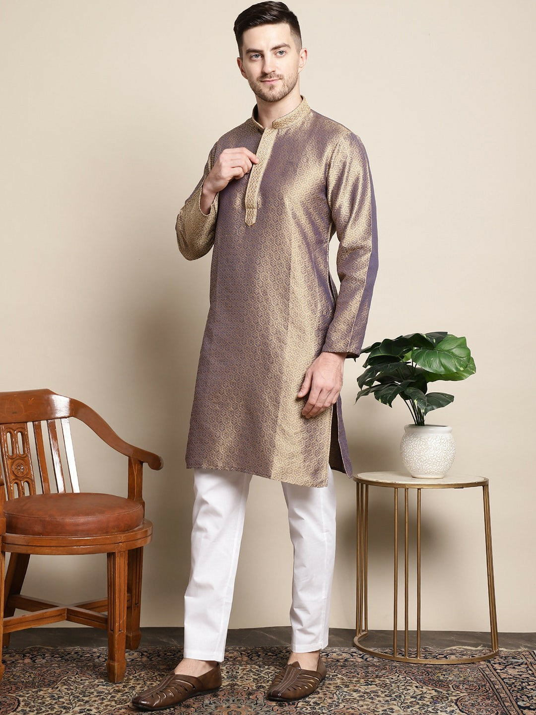 Gold-Toned & White Ethnic Motifs Woven Kurta Set for Men with Pyjamas - Indiaista