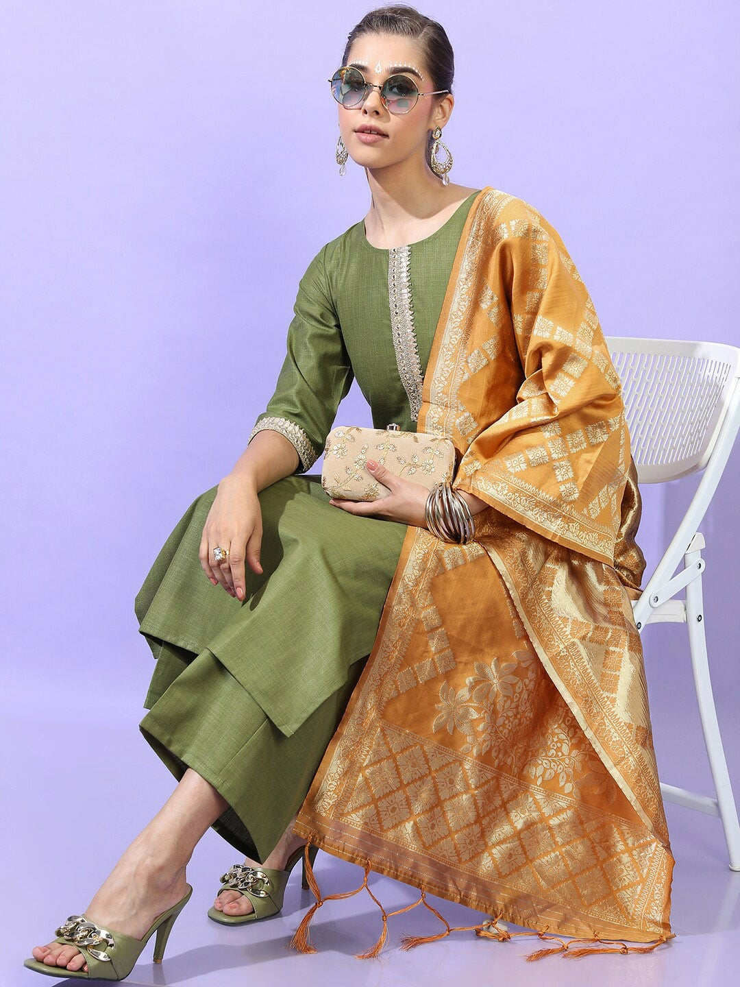 Buy Women Green Solid Kurta Set with Trousers & Dupatta - Stylish Geometric Design | IndiaIsta