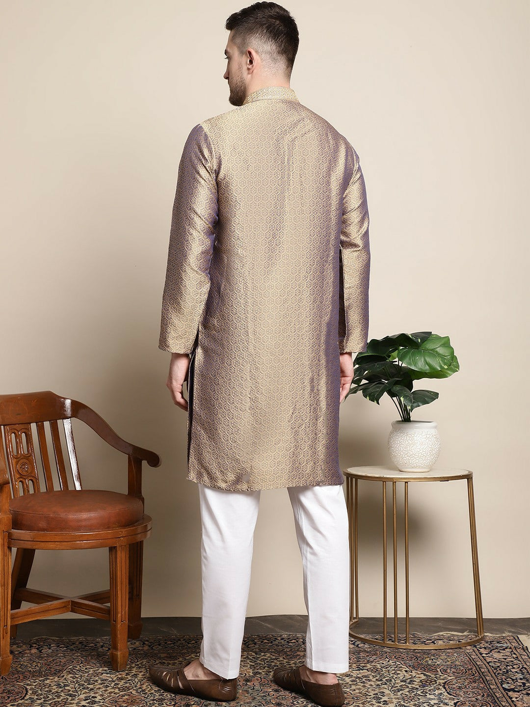 Gold-Toned & White Ethnic Motifs Woven Kurta Set for Men with Pyjamas - Indiaista