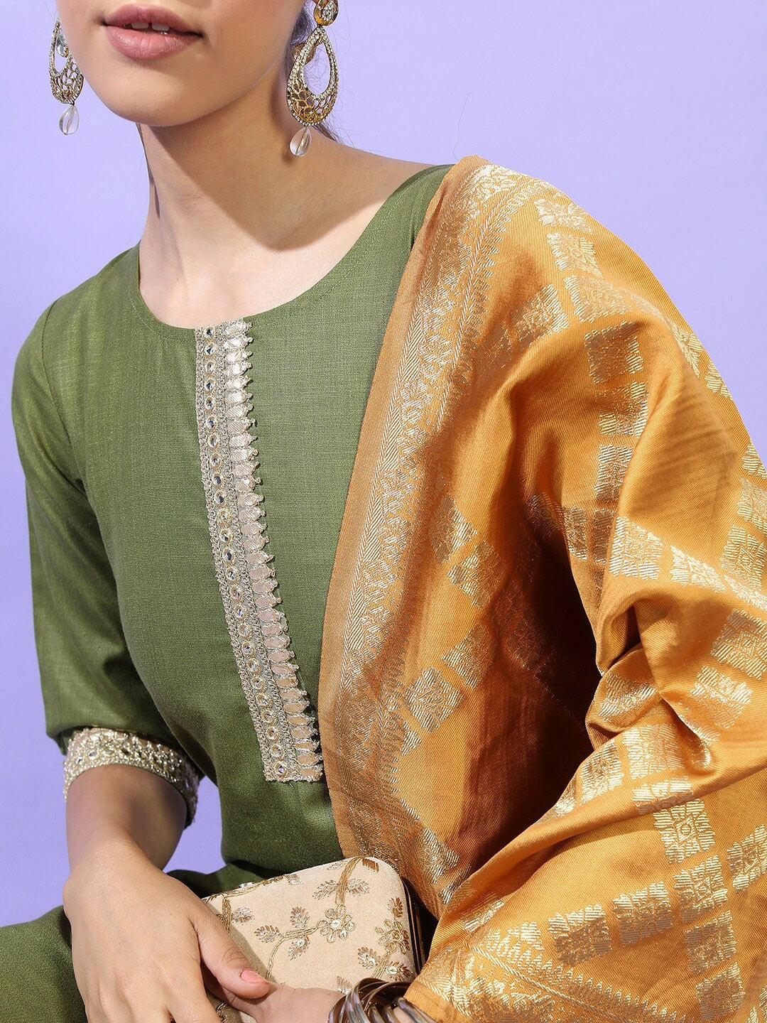 Buy Women Green Solid Kurta Set with Trousers & Dupatta - Stylish Geometric Design | IndiaIsta