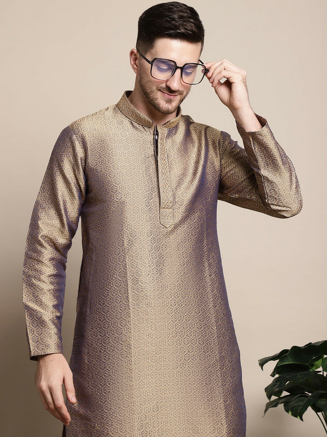 Gold-Toned & White Ethnic Motifs Woven Kurta Set for Men with Pyjamas - Indiaista