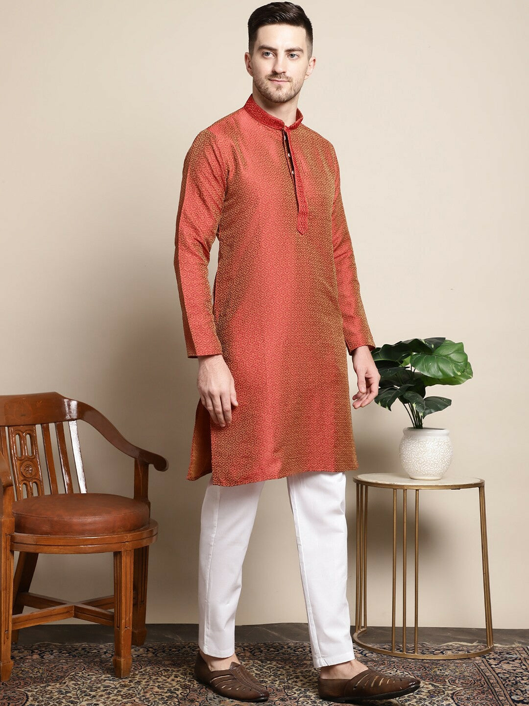 Buy Red Woven Design Regular Kurta with Pyjamas for Men | Indiaista