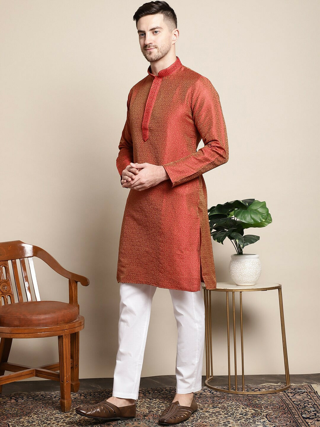 Buy Red Woven Design Regular Kurta with Pyjamas for Men | Indiaista