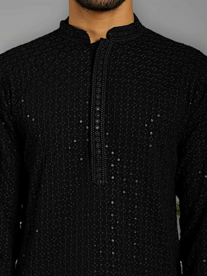 Men's Black Embroidered Sequinned Pure Cotton Kurta with Pyjamas | Indiaista