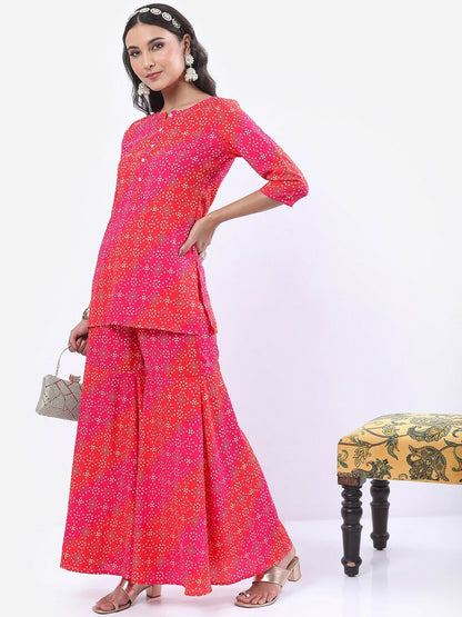 Women Pink Ethnic Motif Printed Kurta with Sharara Set – Stylish Festive Wear | Indiaista