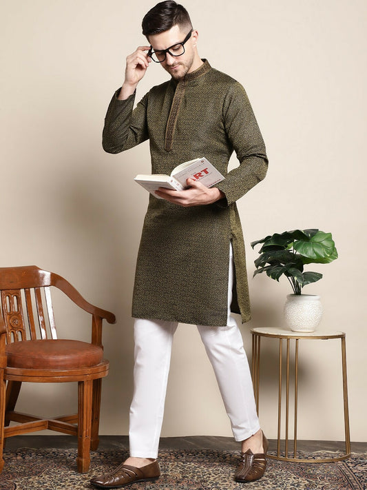 Olive Woven Design Mandarin Collar Thread Work Kurta Set with Pyjamas – Elegant Silk Blend | Indiaista