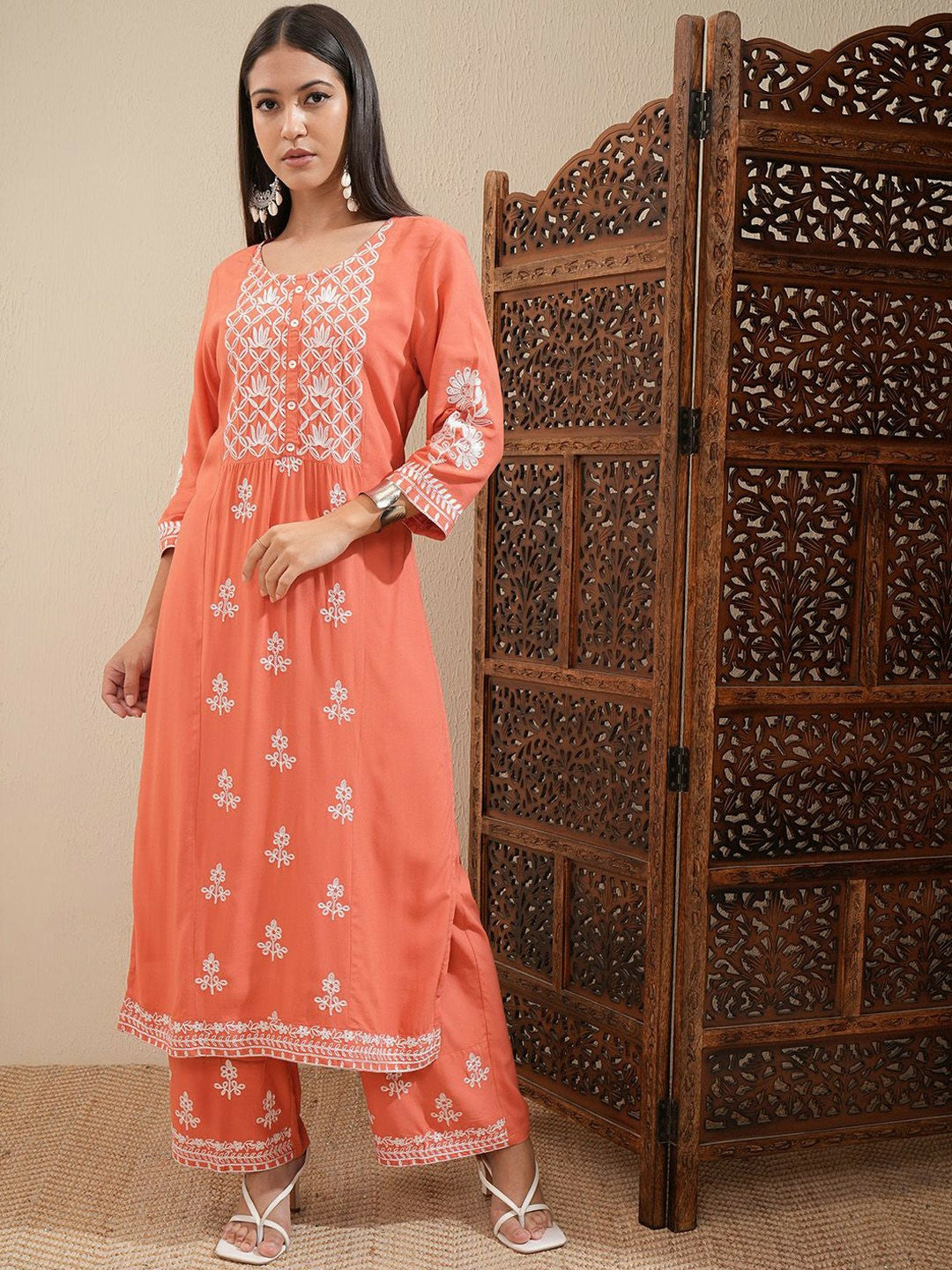 Women’s Orange Floral Embroidered Kurta Set with Palazzos - Thread Work | Indiaista