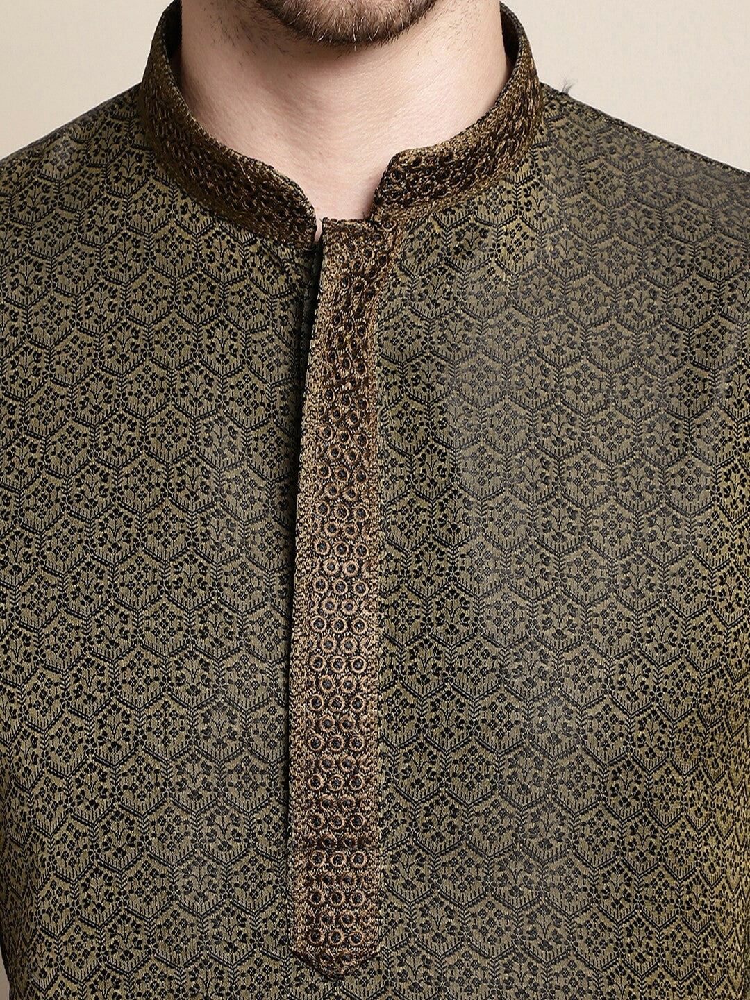 Olive Woven Design Mandarin Collar Thread Work Kurta Set with Pyjamas – Elegant Silk Blend | Indiaista