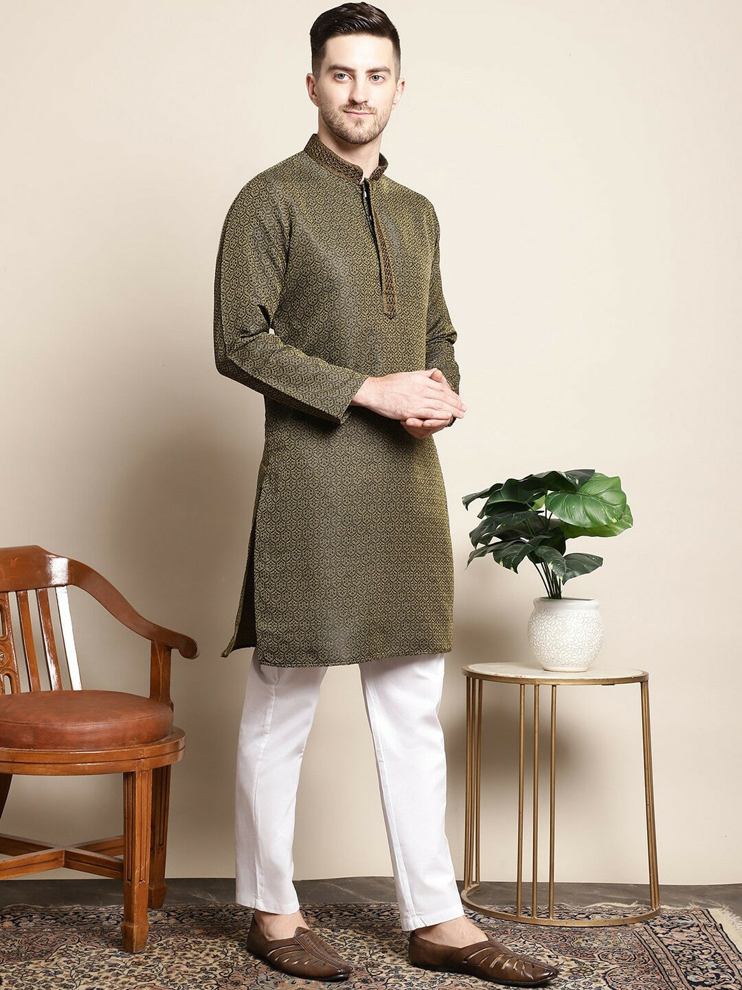 Olive Woven Design Mandarin Collar Thread Work Kurta Set with Pyjamas – Elegant Silk Blend | Indiaista