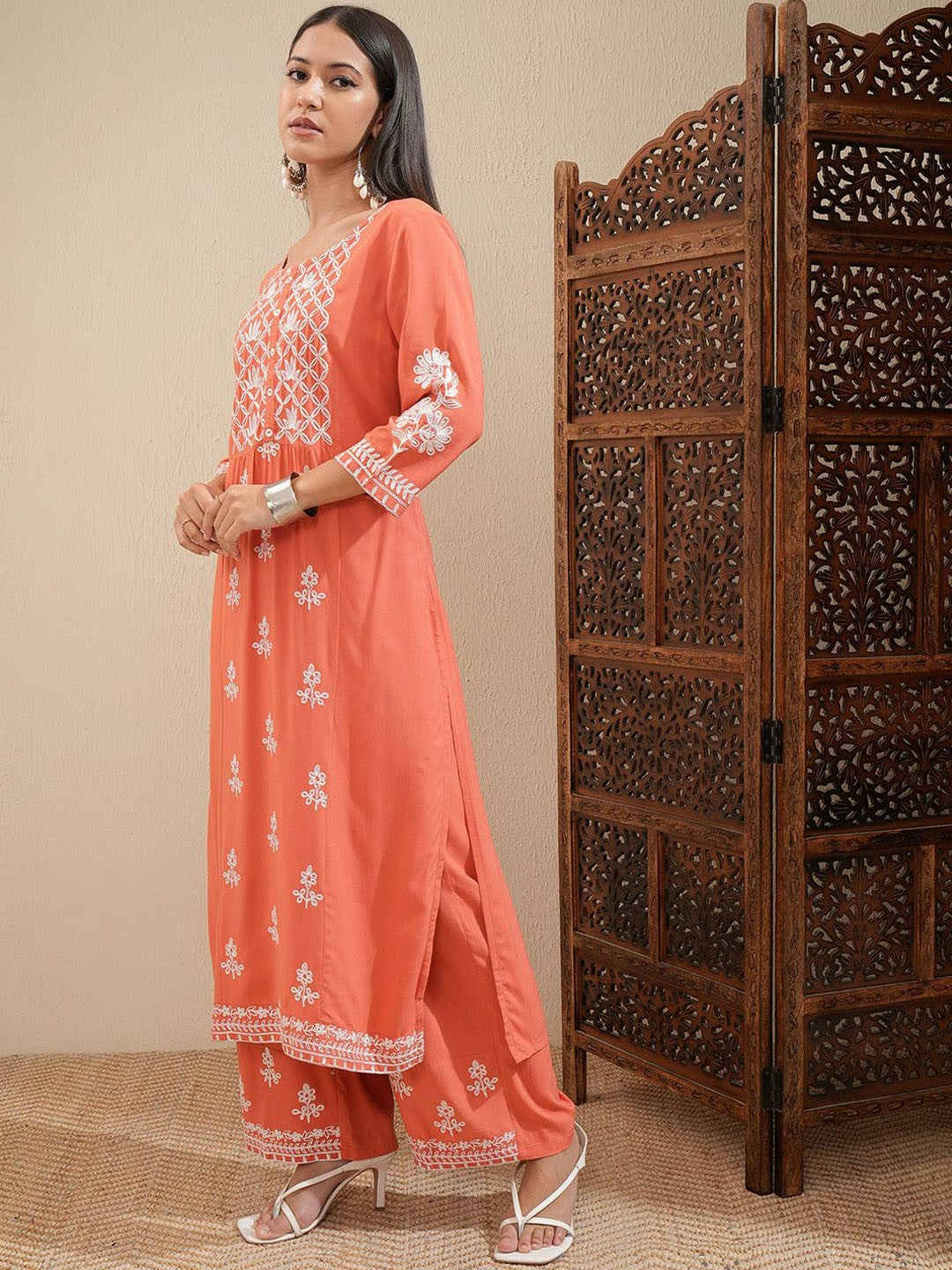 Women’s Orange Floral Embroidered Kurta Set with Palazzos - Thread Work | Indiaista