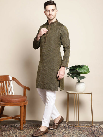 Olive Woven Design Mandarin Collar Thread Work Kurta Set with Pyjamas – Elegant Silk Blend | Indiaista