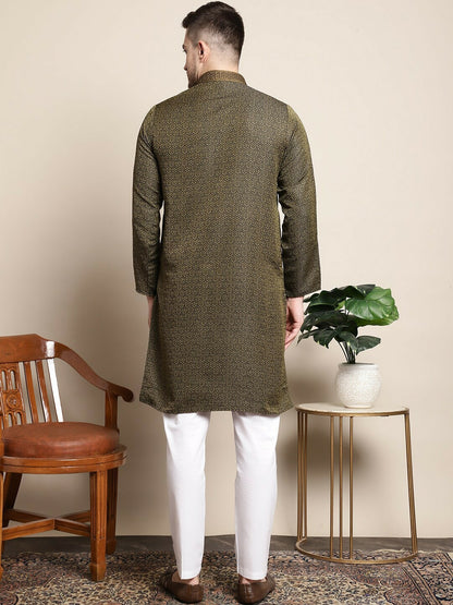 Olive Woven Design Mandarin Collar Thread Work Kurta Set with Pyjamas – Elegant Silk Blend | Indiaista