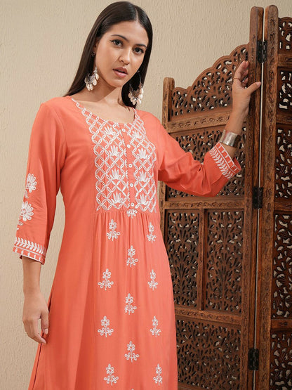 Women’s Orange Floral Embroidered Kurta Set with Palazzos - Thread Work | Indiaista