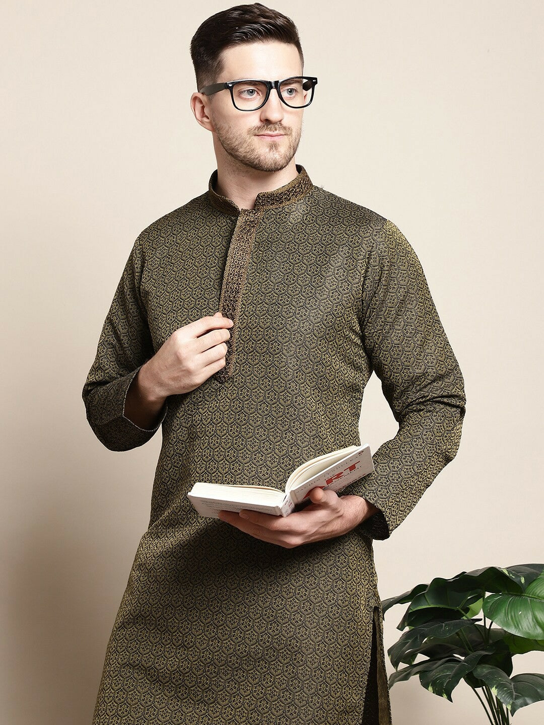 Olive Woven Design Mandarin Collar Thread Work Kurta Set with Pyjamas – Elegant Silk Blend | Indiaista