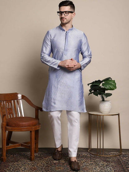 Blue & White Ethnic Motifs Woven Design Mandarin Collar Kurta with Pyjamas for Men – Silk Blend Fabric | Indiaista