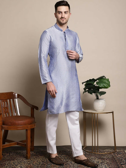 Blue & White Ethnic Motifs Woven Design Mandarin Collar Kurta with Pyjamas for Men – Silk Blend Fabric | Indiaista