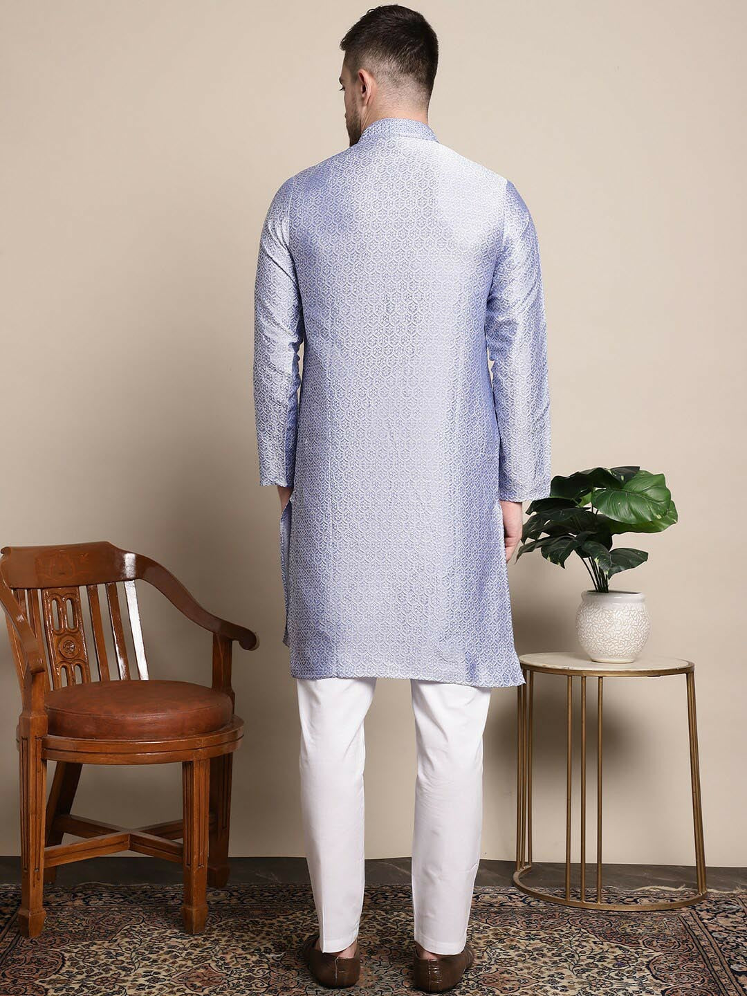 Blue & White Ethnic Motifs Woven Design Mandarin Collar Kurta with Pyjamas for Men – Silk Blend Fabric | Indiaista