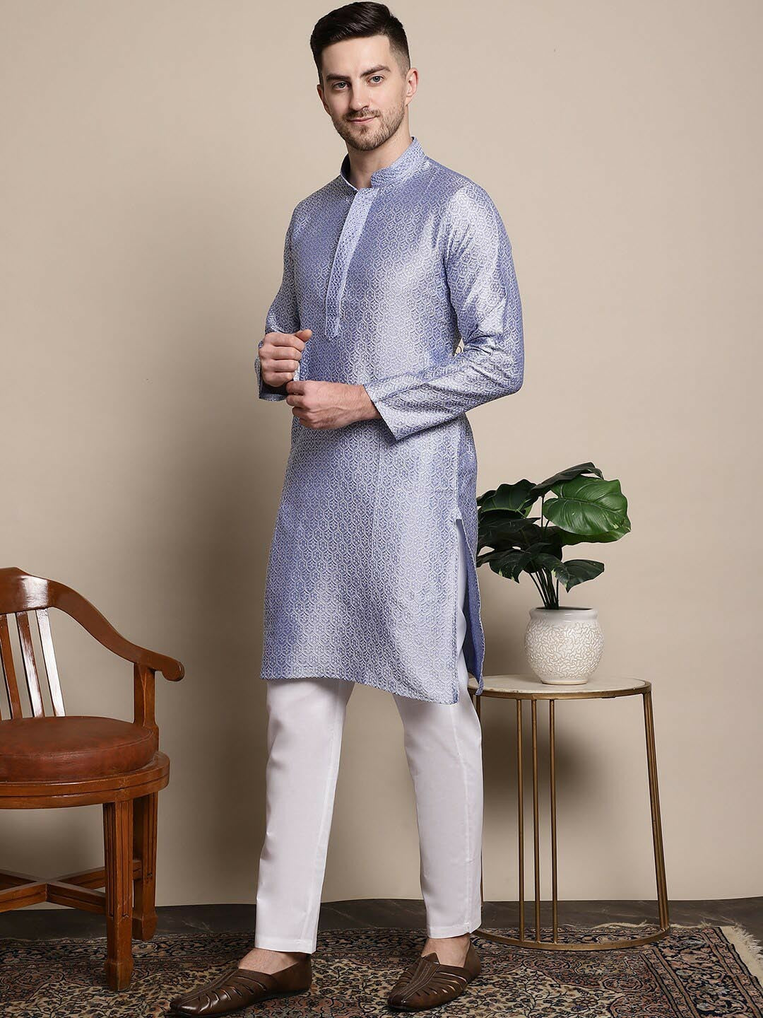 Blue & White Ethnic Motifs Woven Design Mandarin Collar Kurta with Pyjamas for Men – Silk Blend Fabric | Indiaista