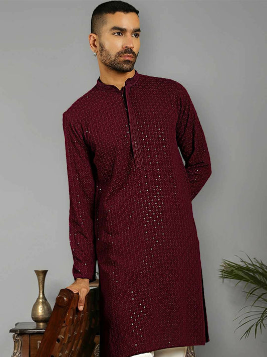 Men Embroidered Pure Cotton Kurta Set with Pyjamas - Purple Sequinned Design