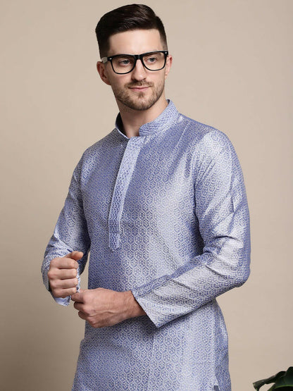 Blue & White Ethnic Motifs Woven Design Mandarin Collar Kurta with Pyjamas for Men – Silk Blend Fabric | Indiaista