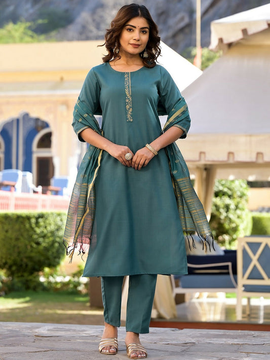 Women Turquoise Blue Floral Yoke Design Straight Kurta Set with Dupatta | Indiaista