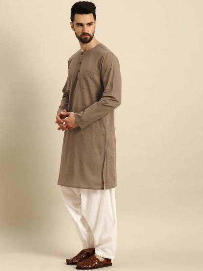 Buy Men’s Grey & White Cotton Kurta Set with Salwar & Printed Nehru Jacket – Indiaista