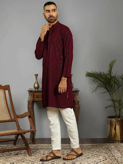 Men Embroidered Pure Cotton Kurta Set with Pyjamas - Purple Sequinned Design