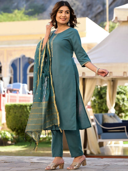 Women Turquoise Blue Floral Yoke Design Straight Kurta Set with Dupatta | Indiaista