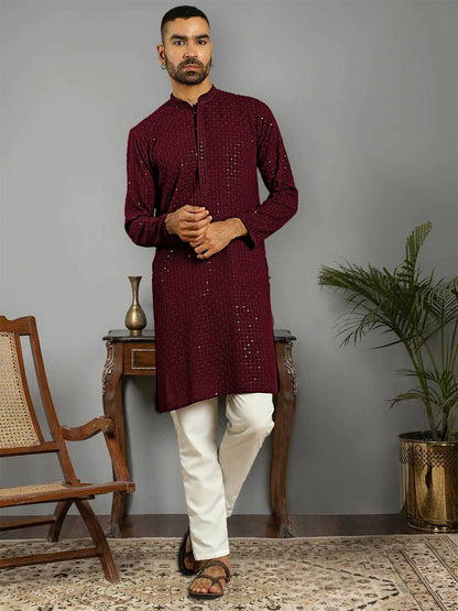 Men Embroidered Pure Cotton Kurta Set with Pyjamas - Purple Sequinned Design