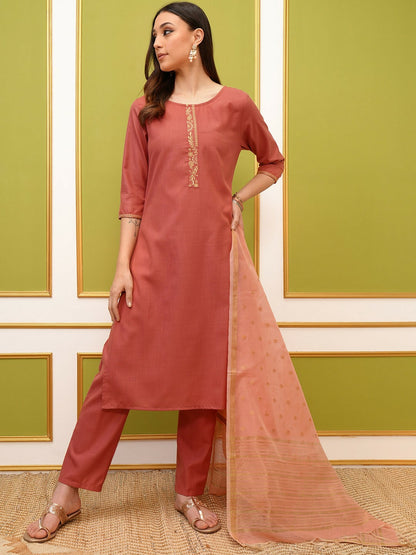 Women Coral Embroidery Kurta Set with Palazzos & Dupatta | Stylish Ethnic Wear - Indiaista