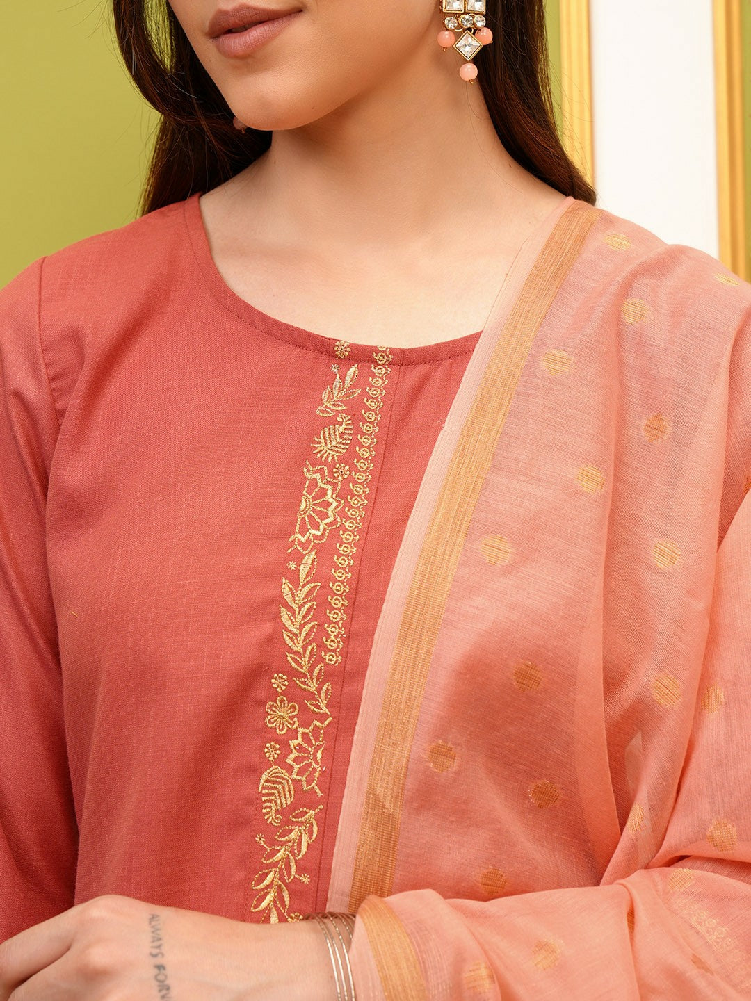 Women Coral Embroidery Kurta Set with Palazzos & Dupatta | Stylish Ethnic Wear - Indiaista