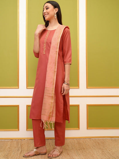 Women Coral Embroidery Kurta Set with Palazzos & Dupatta | Stylish Ethnic Wear - Indiaista