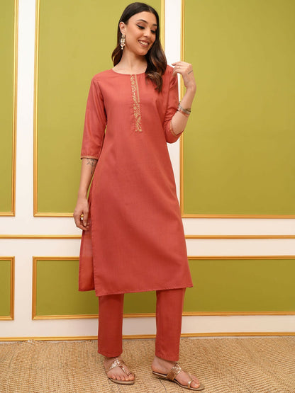 Women Coral Embroidery Kurta Set with Palazzos & Dupatta | Stylish Ethnic Wear - Indiaista