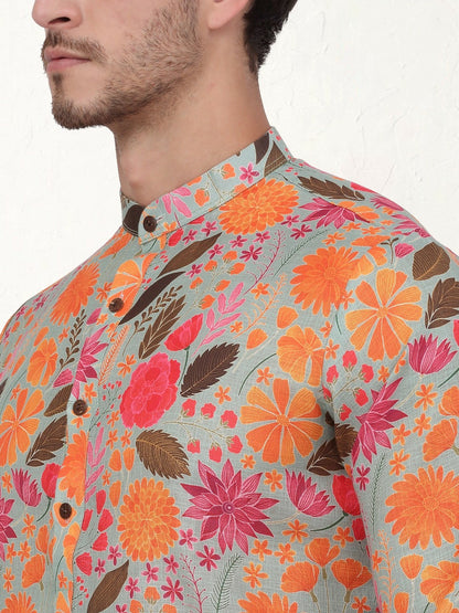 Buy Floral Printed Pure Cotton Kurta Set for Men – Grey, Orange & Green | Indiaista