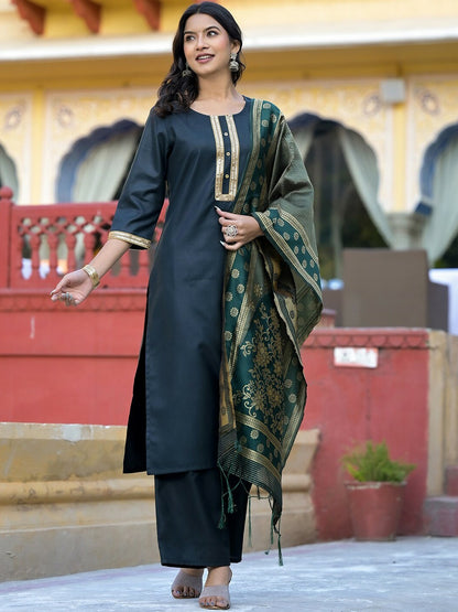 Green & Gold Toned Floral Yoke Kurta with Palazzos & Dupatta - Elegant Ethnic Wear for Women | Indiaista