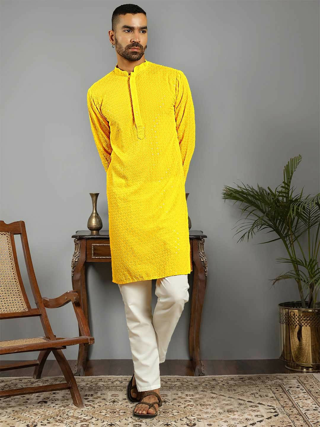 Men Floral Embroidered Yellow Kurta Set with Pyjamas – Pure Cotton, Mandarin Collar | Indiaista