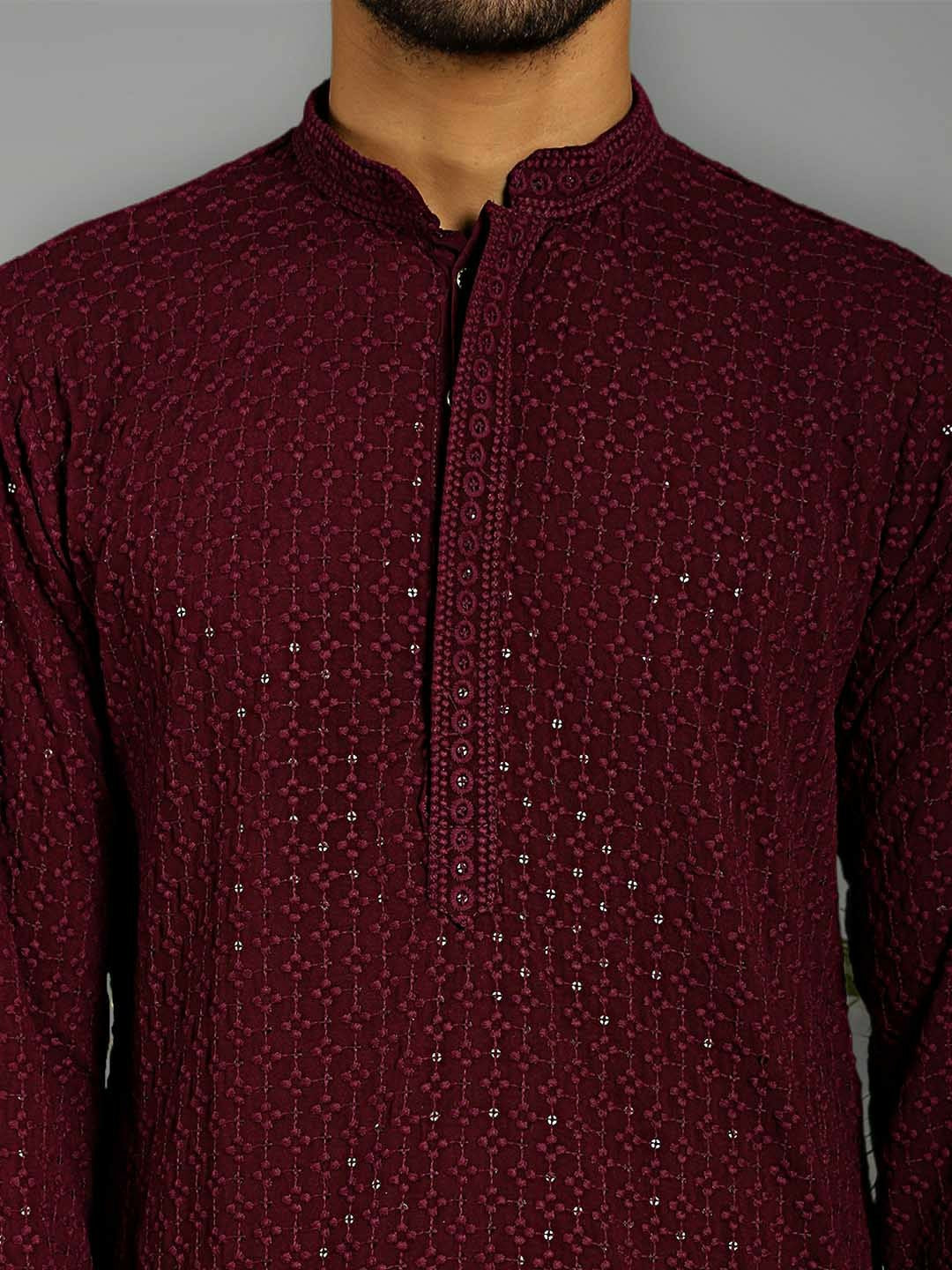 Men Embroidered Pure Cotton Kurta Set with Pyjamas - Purple Sequinned Design