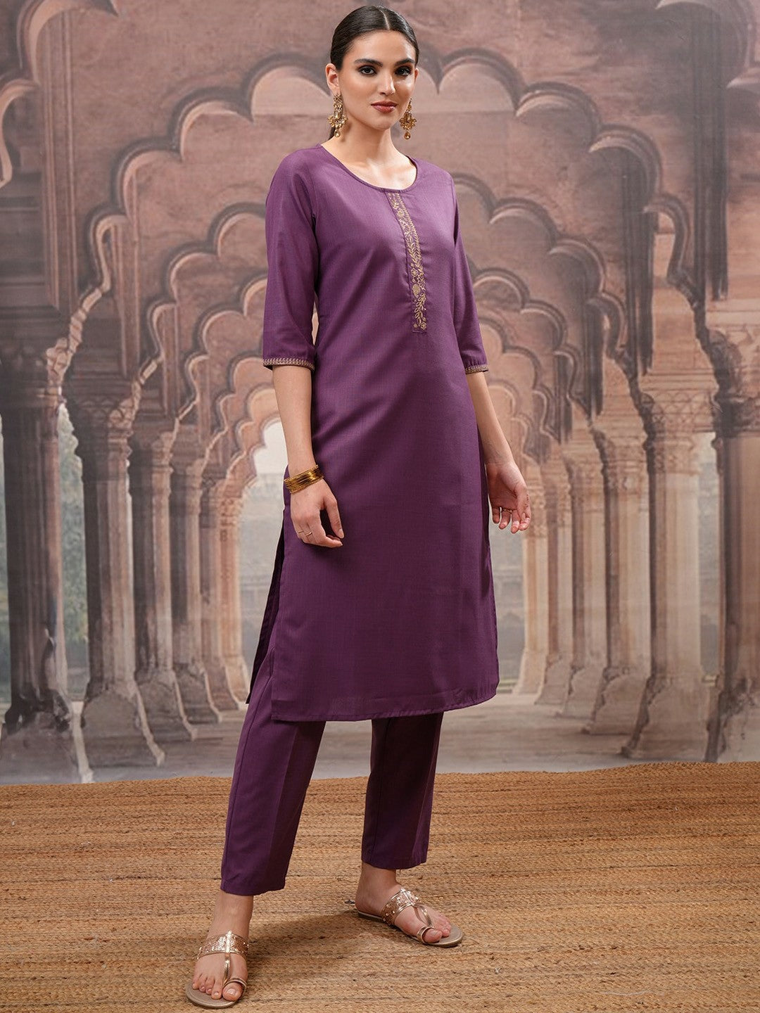 Women’s Purple Embroidered Straight Kurta Set with Trouser & Dupatta – Stylish Ethnic Wear | Indiaista