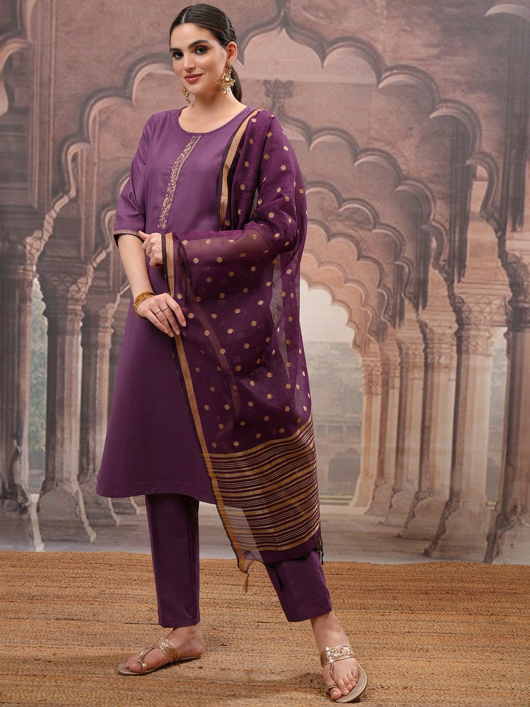 Women’s Purple Embroidered Straight Kurta Set with Trouser & Dupatta – Stylish Ethnic Wear | Indiaista