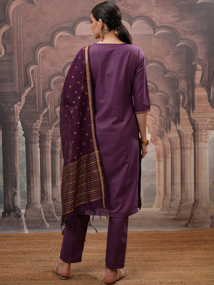 Women’s Purple Embroidered Straight Kurta Set with Trouser & Dupatta – Stylish Ethnic Wear | Indiaista