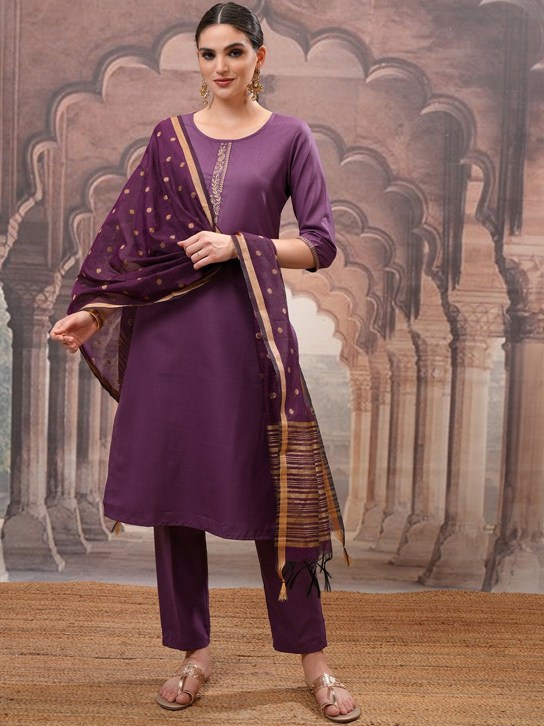 Women’s Purple Embroidered Straight Kurta Set with Trouser & Dupatta – Stylish Ethnic Wear | Indiaista