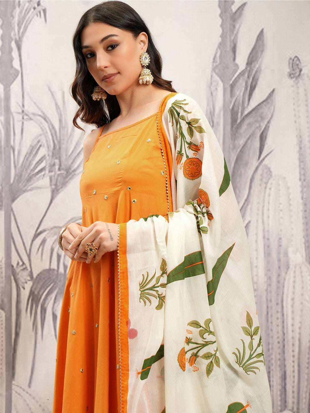 Buy Women Orange & Cream Embroidered Mirror Work Kurta Set with Trousers & Dupatta - Pure Cotton | Indiaista.com