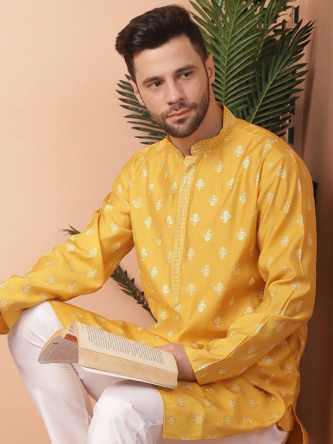 Buy Mustard Yellow Ethnic Motif Printed Kurta Set for Men - Indiaista