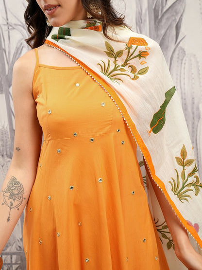 Buy Women Orange & Cream Embroidered Mirror Work Kurta Set with Trousers & Dupatta - Pure Cotton | Indiaista.com