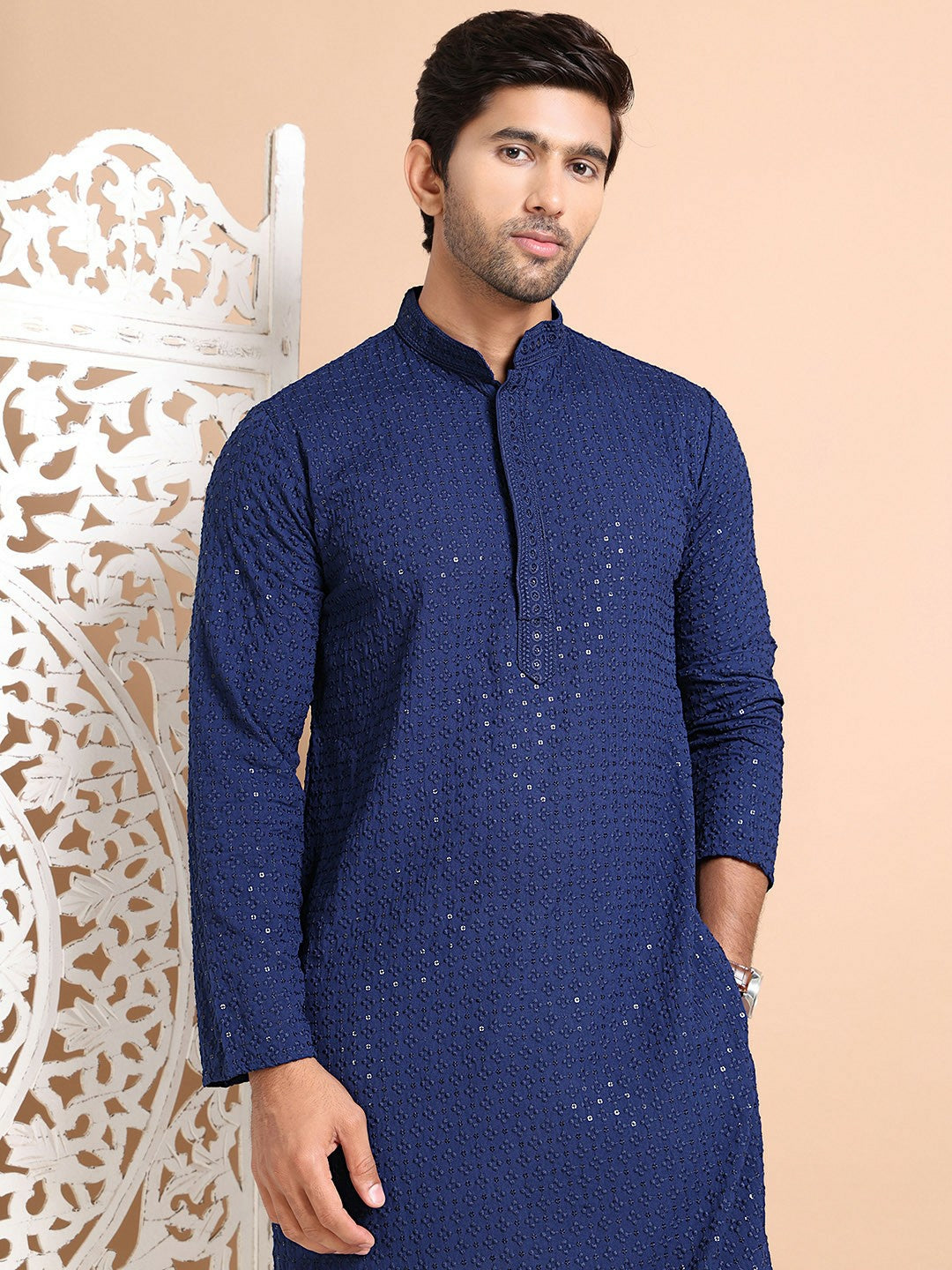 Men's Navy Blue Floral Embroidered Cotton Kurta Set with Pyjama – Elegant & Comfortable