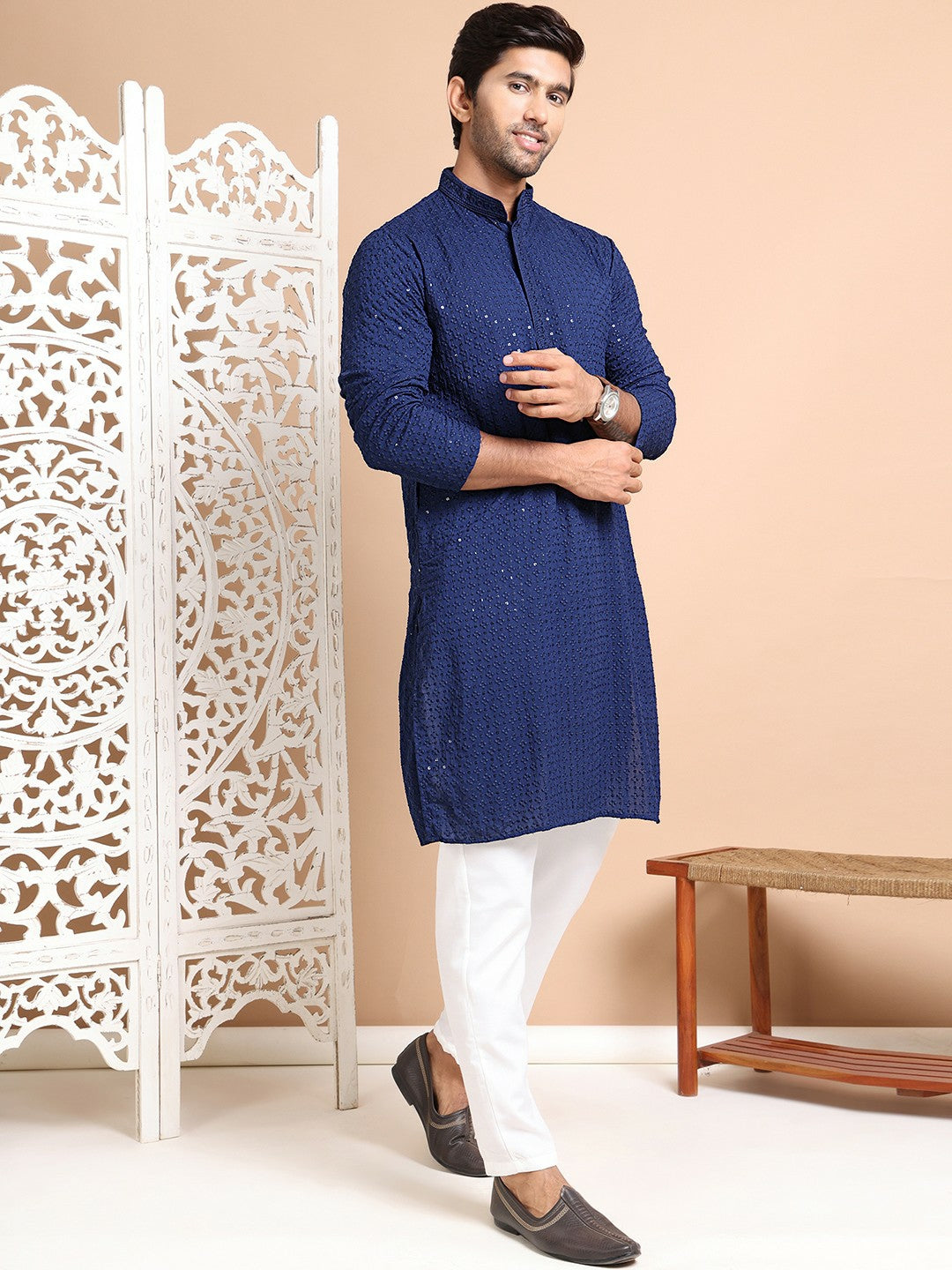 Men's Navy Blue Floral Embroidered Cotton Kurta Set with Pyjama – Elegant & Comfortable